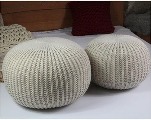 Ahloyalty Hand Knitted Woolen Round Cushion Pouf Floor Ottoman (Beige)