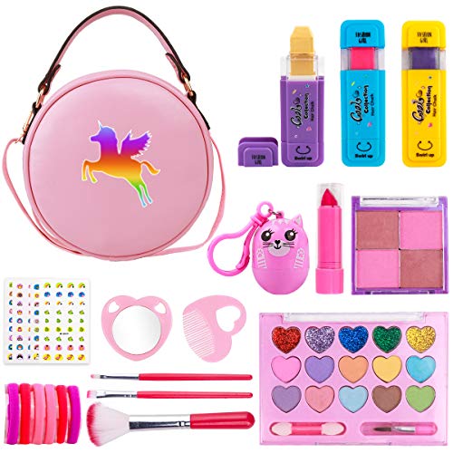 Girls Makeup Kit - Real Makeup Palette Set with Purse, Hair Chalks, Lipstick/Blush/Brush - My First Purse Toy Gift for Princess Little Girls Toddlers - Pretend Makeup Set for Girls Birthday Christmas