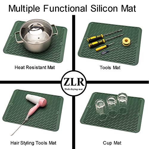 Zlr Silicone Dish Drying Mat For Kitchen Counter- Eco Friendly Food Grade Silicone Drying Mat - Easy To Clean Heat Resistant Multiple Usage Dish Mat - Large (12 Inches X 16 Inches) - Green #TOP3
