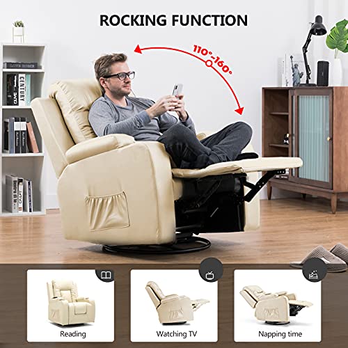 Comhoma Recliner Chair Massage Rocker With Heated Modern Pu Leather Ergonomic Lounge 360 Degree Swivel Single Sofa Seat With Drink Holders Living Room Chair Cream #TOP3