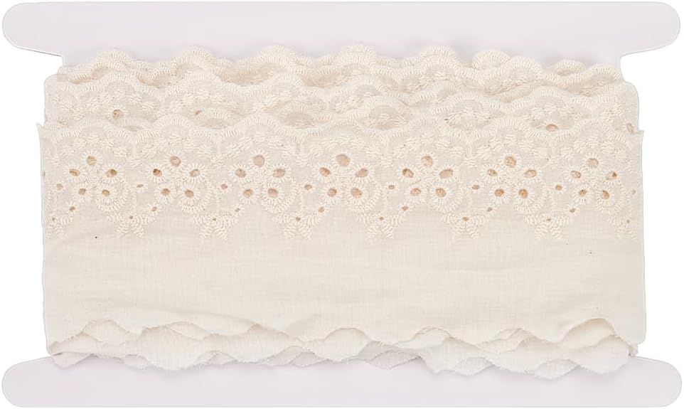 MAYJOYDIY 5 Yards Beige Almond Cotton Eyelet Lace Trim Ribbon 3 inch Floral Embroidery Ruffle Trim Wavy Edge for Sewing Crafts Dresses Clothes Bag Home Decoration