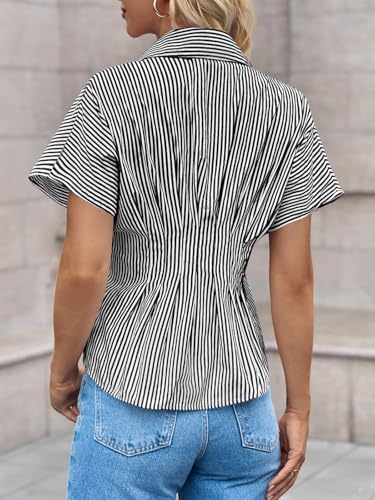Tankaneo Womens Striped Peplum Button Down Shirts Short Sleeve Pleated Tops Summer Business Casual Blouses 6