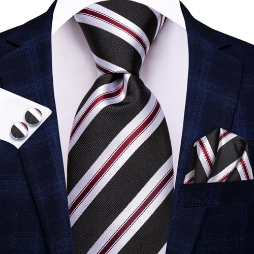 Image of Dubulle Mens Paisley Floral Silk Tie for Men Black Red Striped Necktie and Pocket Square Cufflinks Set Wedding Business