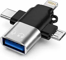 Adaptador OTG 3 em 1 USB 3.0 para Celular Tipo C, Lightning e Micro USB (V8) – Leitor USB para Pendrive, Teclado e Mouse – Conexão Automática Plug & Play para Android e iPhone