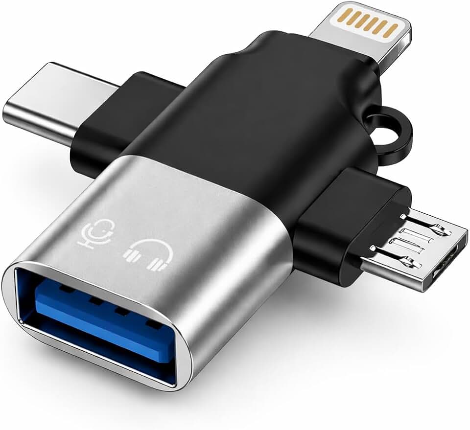 Adaptador OTG 3 em 1 USB 3.0 para Celular Tipo C, Lightning e Micro USB (V8) – Leitor USB para Pendrive, Teclado e Mouse – Conexão Automática Plug & Play para Android e iPhone