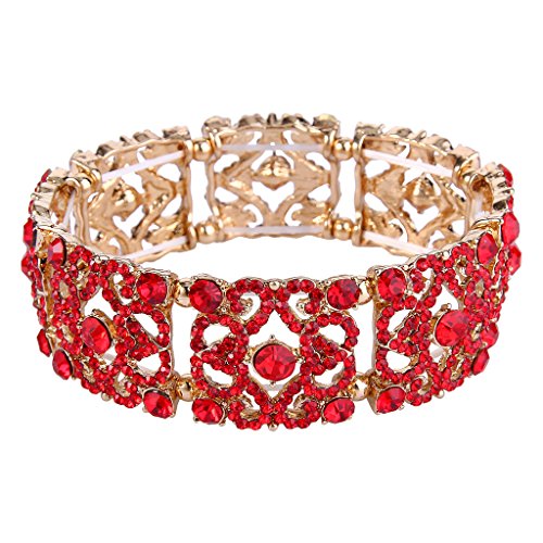 EVER FAITH Women's Austrian Crystal Vintage Style Gorgeous Flower Stretch Bracelet Red Gold-Tone