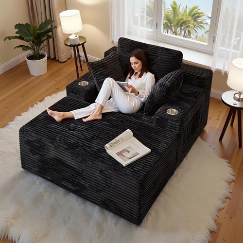 CHORRO 66" Chaise Lounge Chair Indoor,Oversized Boneless Single Sleeeper Couch Bed,Cloud Sofa with 3 Soft Pillows for Livingroom,Bedroom,No Assembly (Black, 66inch)