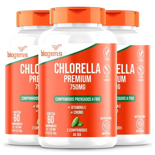 Chlorella Premium 750mg, vitamina c, cromo, Biogens, Kit 3x 60 comprimidos