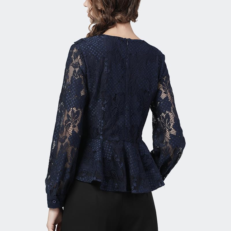 Blusas de Encaje con Cuello en V y Volantes de Color Azul Oscuro, diseño Floral Ahuecado, Manga Larga, Blusas Delgadas de otoño para Mujer, Camisas de Oficina (Azul M)