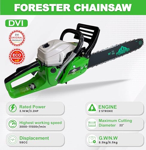 Image of DVI Heavy Duty Forester Chainsaw With 2 Stroke 58CC Air Cooled Petrol Engine Power With 22 inch inch Blade /Bar Ideal Use For Farm, Garden Tree Cutting, Wood Cutting. (DVI 58CC FORESTER CHAINSAW)