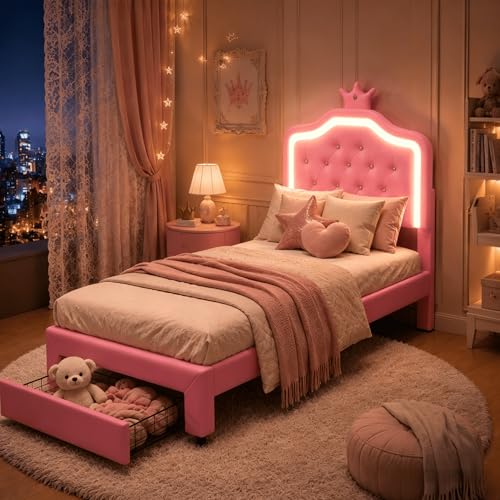 HYNHXBP 3FT Single Princess Bed Frame 90 x 190 cm Pink PU Leather Upholstered Girls Bed with Crown Headboard LED Lights Storage Drawer Height Adjustable Headboard and Wooden Slats