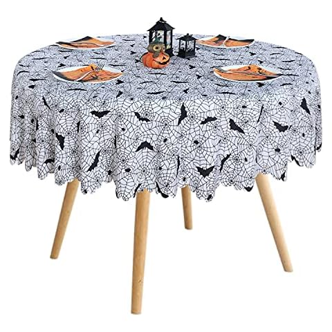 LUSHVIDA Spider Web Halloween Round Tablecloth - Washable Water Resistance Microfiber Decorative Bat Pattern Table Cover for Holiday Banquet Party Kitchen Dining Room,(60 Inch) Cover