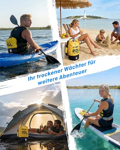 WATSABRO Dry Bag – 5L/10L/20L wasserdichte Tasche, Kratzfester Wasserdichter Rucksack, Inklusive 100% Wasserfeste Handyhülle – Ideal für Wassersportarten wie SUP, Kajak, Kanu sowie Strandurlaube