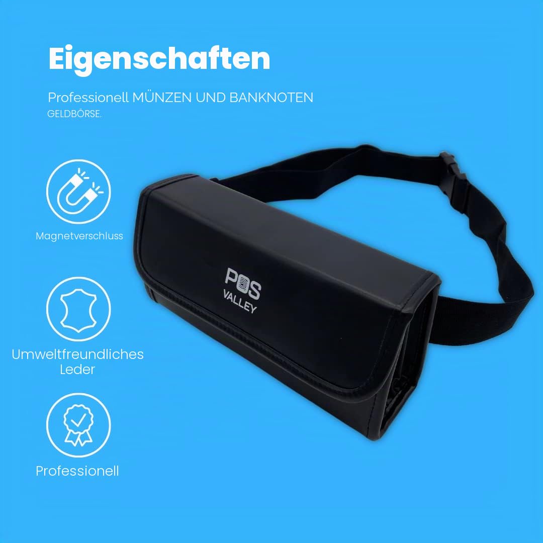 Professionelle Gürteltasche, Geldbörse inkl. 5 Euro-Wechselfächer, 4 Geldscheinfächer, Magnetverschluss - 23 x 11 x 7 cm - Schwarz