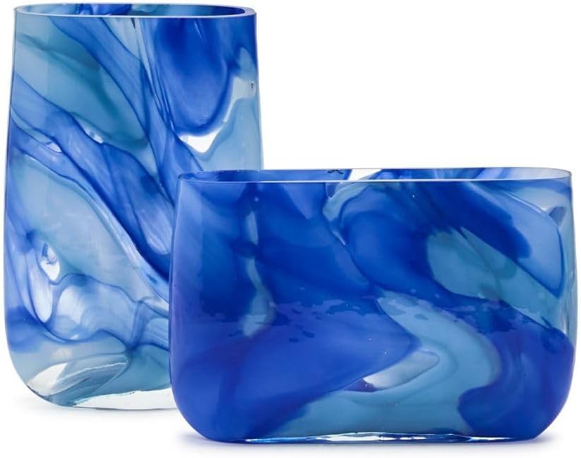 Two's Company Set of 2 Swirled Blue Hand Blown Glass Vase- Hand Blown Glass