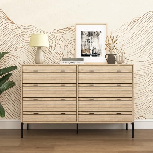 Image of Vibe & Dine 8 Drawer Double Dresser for Bedroom, Wood Dresser with Sturdy Metal Stand, Modern Accent Chest of Drawers for Living Room, Hallway, Closet