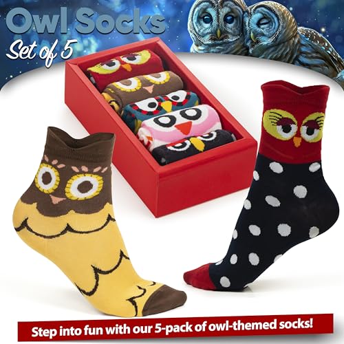 Unisex Family Owl Socks – 5 Pairs Cotton Crew Socks in Gift Box for Men, Women & Kids – Fun, Colorful Owl Design, Soft & Breathable, Comfortable for Everyday Wear – US Sizes 5-82