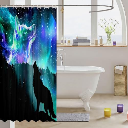 Image of Howling Wolf Bathroom Shower Curtain Set Galaxy Wolf Shower Curtain Northern Light Bath Curtain for Kids Boys Girls Starry Sky Aurora Wild Animal Waterproof Bathroom Curtains with Hooks 72x78 Inch