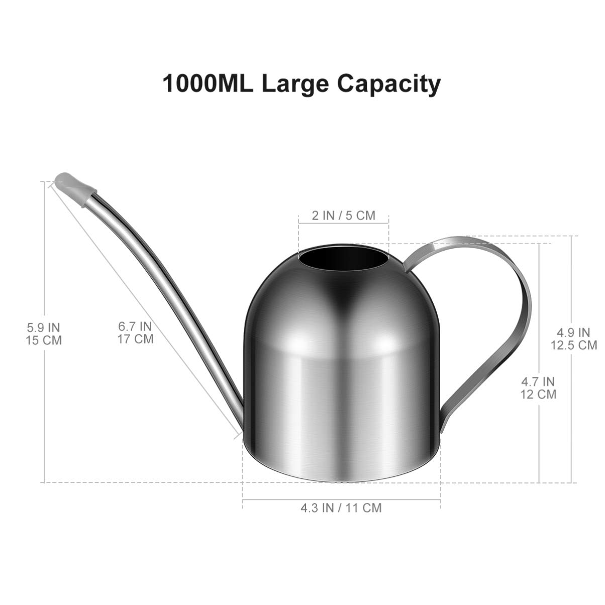 Yardwe 1 annaffiatoio in acciaio inox per piante da interni o da casa, con beccuccio lungo da giardino, 1000 ml, piccolo vaso di irrigazione (argento)