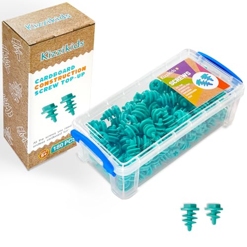 Kizzikids Screws Kit Top-up 180 Piece, Cardboard Construction Tools, STEM Educational Toys for at-Home Play + Classroom Learning, Mix Kit for Boys and Girls Aged 5+ (Blue)