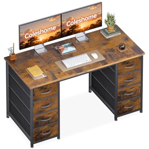 Coleshome Escritorio con 8 Cajones de Tela, 120x48cm, Marrón | Escritorio Ordenador, Mesa Escritorio de Espacio Mesa de Oficina para Oficina en Casa