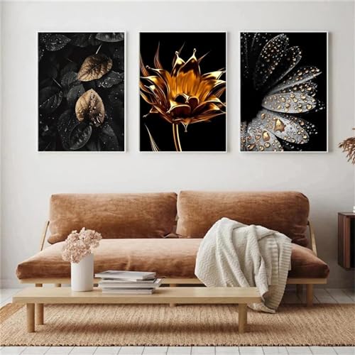 Peinture abstraite plante noir doré 3 toiles de luxe pour salon