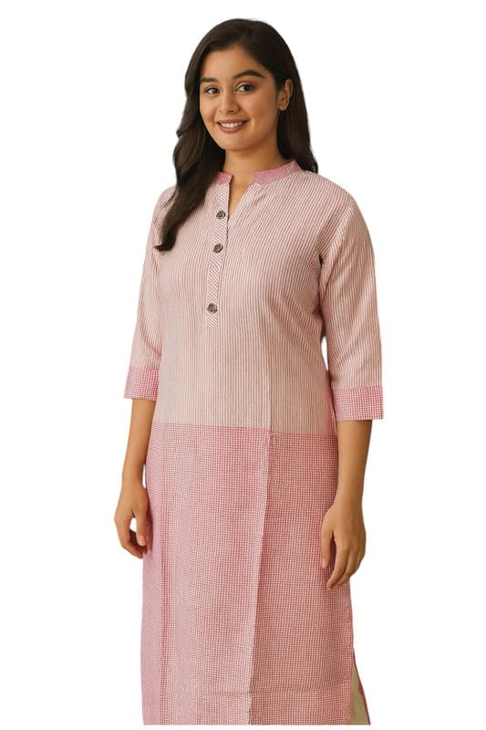 Women Solid Cotton Kurti | Straight Fit 3/4 Sleeve Office Wear Kurti for Women | Mandarin Collar Casual Ethnic Kurti Pink-picture-46