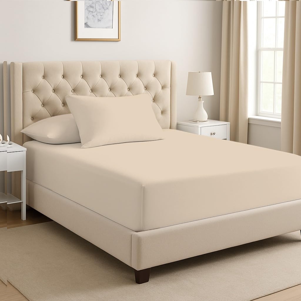 Dreema Beige Novexa Double Fitted Sheet - 400 Thread Count 100% Egyptian Cotton, 25Cm Deep Pocket - Soft, Breathable & Hotel Quality (Double )