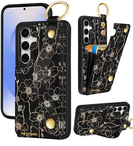 Bracelet pour Galaxy S24/S25 et étui en cuir floral pour vos sorties