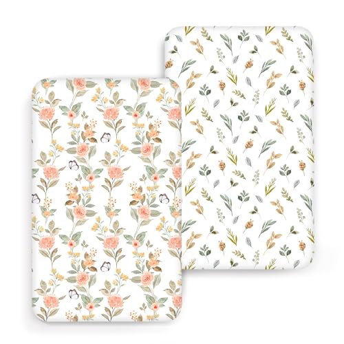 Image of ACRABROS Crib Sheets for Girl Boy: Stretchy Baby Fitted Crib Mattress Sheets Sets 2 Pack Standard Size Ultra Soft Neutral, Rose&Leaf