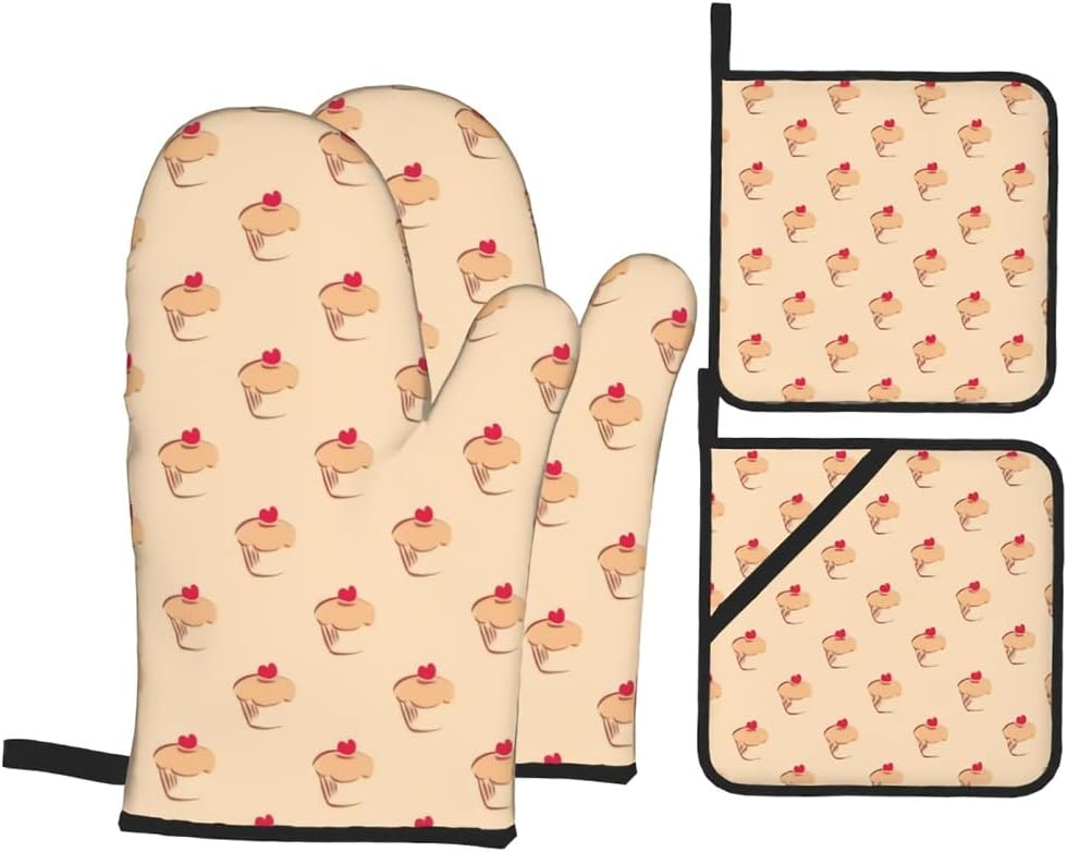 Oven Mitts and Pot Printed Gloves BBQ Cooking Baking Grilling Set of 4
