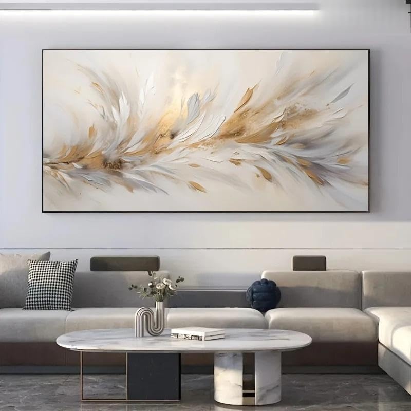 Tableau abstrait en toile beige et or, motif plumes, impression d'art moderne et luxueuse aux tons neutres, idéal pour la décoration du salon, de la chambre ou de la maison (80 x 160 cm / sans cadre)