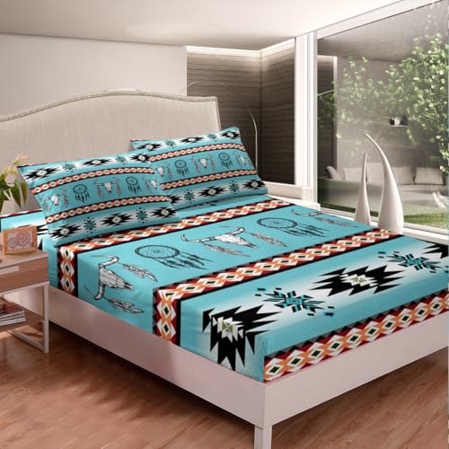 richhome Set di biancheria da letto per ragazzi e ragazze, con lenzuolo con angoli, per letto king size, motivo nativi aztechi del sud-ovest, blu lago