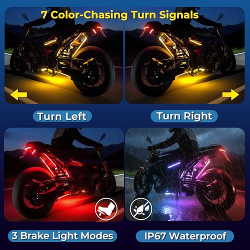 Image of 12PCS Double Row Motorcycle Led Lights with Brake Turn Signal,Underglow Light Kits with DITRIO APP /RF Remote Control, Dual Zone,Waterproof,12V Pixelglow RGB Lights for Motorcycles, Golf Carts, UTVs