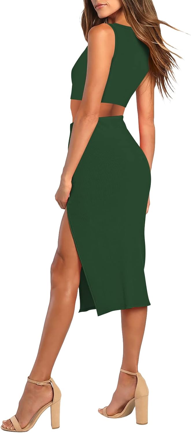 Pink Queen Women's 2 Piece Crew Neck Sleeveless Ribbed Tank Top Bodycon Slit Midi Skirt Outfit Dress Set - Image 2