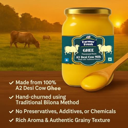 Image of Farmer Fresh 100% Pure A2 Cow Ghee 1L | Traditional Bilona Method Ghee from Fresh Cow Milk | Danedar Ghee for Healthy Cooking | No Preservatives & Chemical Free.