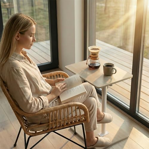 Image of YUHFERA Sofa Armrest Tray Table for Couch - 360 Swivel Height Adjustable End Table for Small Spaces, Snack Side Table for Bed or Chair with Phone & Tablet Slot (Oak, Enlarged)
