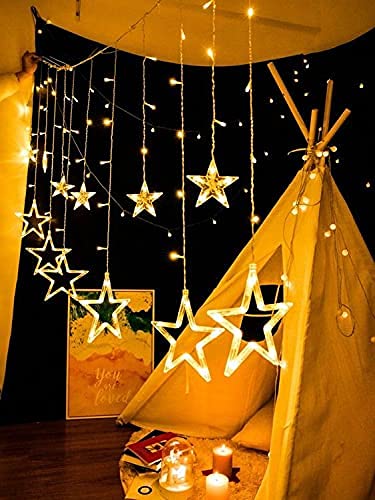 Image of Home Harmony's Christmas 12 Star 138 Pixel LED Curtain String Lights with 8 Flashing Modes for Diwali Home Room Birthday Indoor Outdoor Christmas Decoration, Warm White (Star)