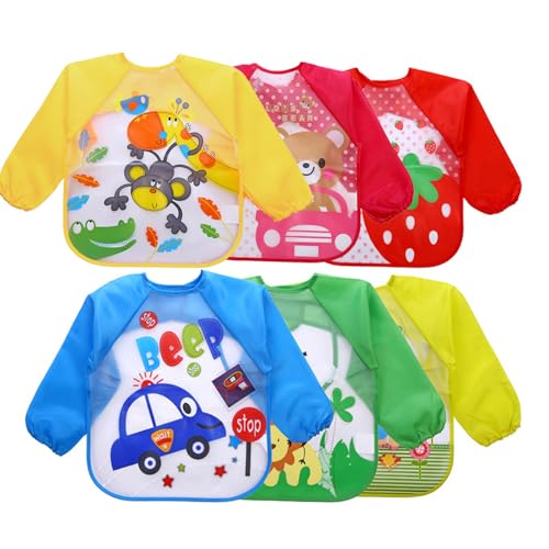 Image of EchoDone 6 Packs Waterproof Children's Art Smock Kids Painting Aprons Long Sleeve Smock for Eating 1-4 Years