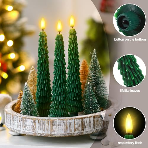 Image of Funtery 6 Pcs LED Christmas Tree Flameless Taper Candles Real Wax Battery Operated Candlestick Lights with 3D Flame and Remote Timer Window Fireplace(Green,Classic Christmas Tree)