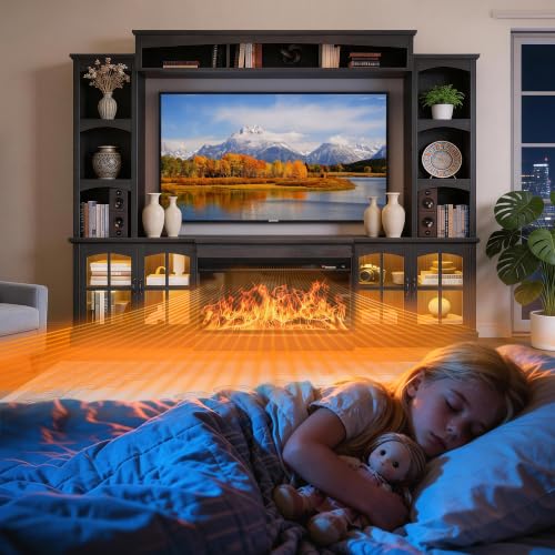 Image of MXV 98 inch Farmhouse Fireplace TV Stand, Large Wall Unit Entertainment Center with 36 inch Electric Fireplace, Media Console with Storage Cabinets and Open Shelves for Living Room, Black
