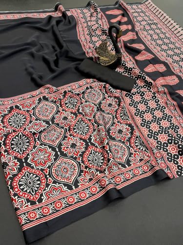 Image of SATIKA VASTRAM Modal Silk Ajrakh Saree Bandhani Design Crepe Printed Designer Pallu Attach Blouse Piece
