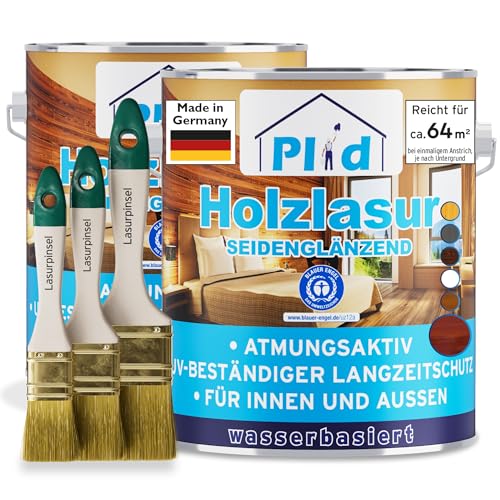 PLID® Holzlasur Innen & Aussen Nussbaum 5L - Holzschutzlasur Außen mit UV beständigem Langzeitschutz- Grundierung Holz Außen - Holzschutzgel - Holz Lasur atmungsaktiv - Made in Germany Set