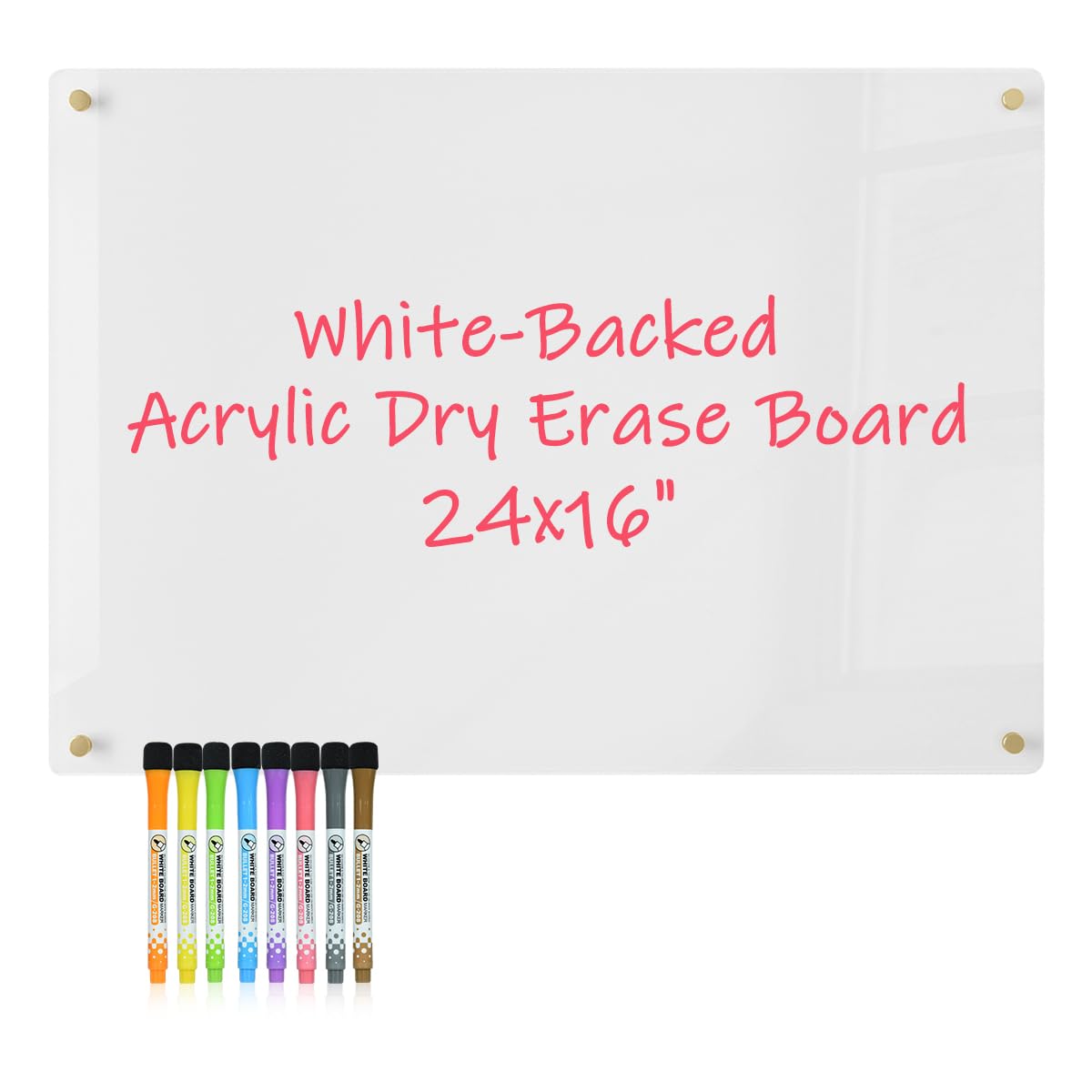 Acrylic Whiteboard 24x16 – White-Backed Dry Erase Board With 8 Markers & Multi-Color Standoff Screws – High Contrast & Shatter-Resistant – Ideal For Home, Office, School, Kitchen