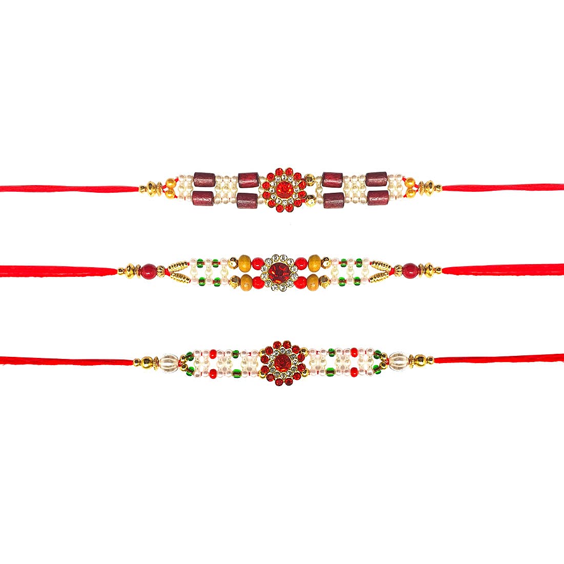 Red Multi Stone Designer Rakhi Bracelet for Brother on Raksha bandhan with Multicolor Beads Traditional Rakhi Thread Set of 3