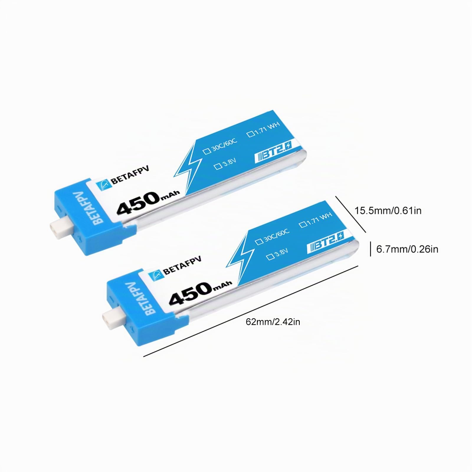 BETAFPV 4pcs BT2.0 450mAh 1S Battery 4.35V 30C/60C FPV Lipo with BT2.0 Connector for FPV Tiny Whoop 1S Brushless Whoop Drone Like Meteor75 Tinyhawk