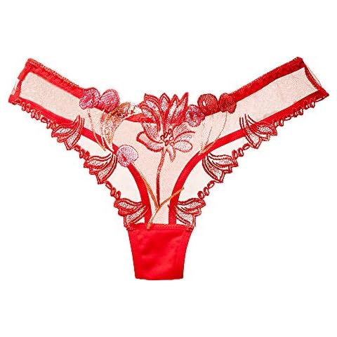 Sekexi Womens Silk Satin transparent G String Thong Panty Sexy Lace T Back Underwear one size, red Cover