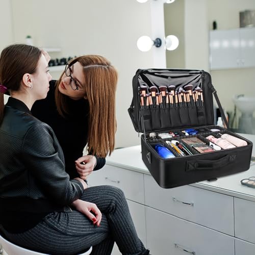 Image of Relavel Extra Large Makeup Case, Makeup Artist Set Bag Professional Cosmetic Organizer Bag Storage Box with Makeup Brush Holder, Adjustable Dividers and Shoulder Strap, Black