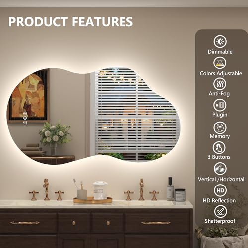Image of 60x32 Inch Irregular Cloud LED Bathroom Mirror with Lights | Asymmetrical Backlit Vanity Mirror, Anti-Fog, Dimmable, Memory, 3 Colors, Shatterproof, ETL Listed (Horizontal /Vertical)