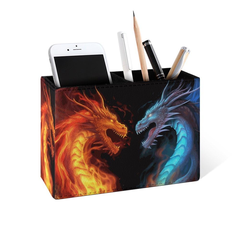 Buyidec Pen Holder Pencil Holder for Desk Two Fire Dragon PU Leather Pens Pencils Holder Cup Desktop Desk Pencil Pen Organizer Makeup Brush Holder for
